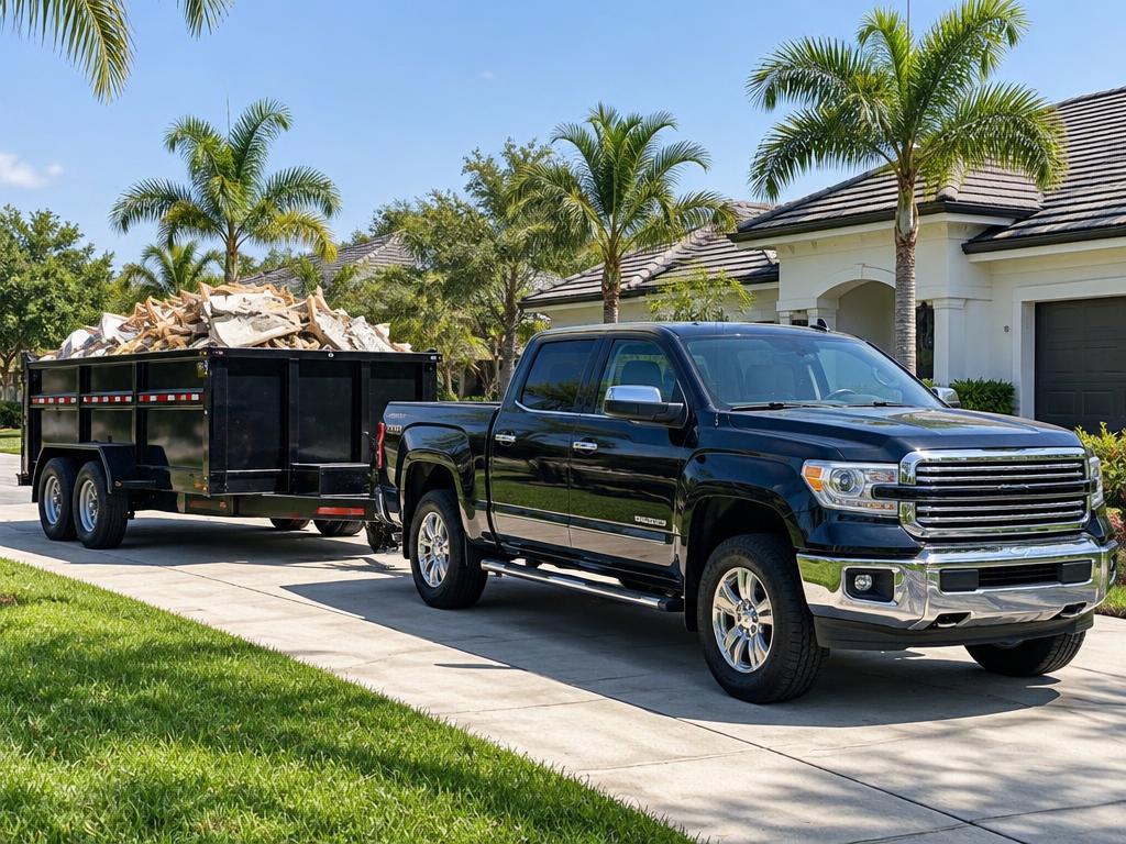 Pickup truck towing a dump trailer filled with construction debris on a Central Florida driveway