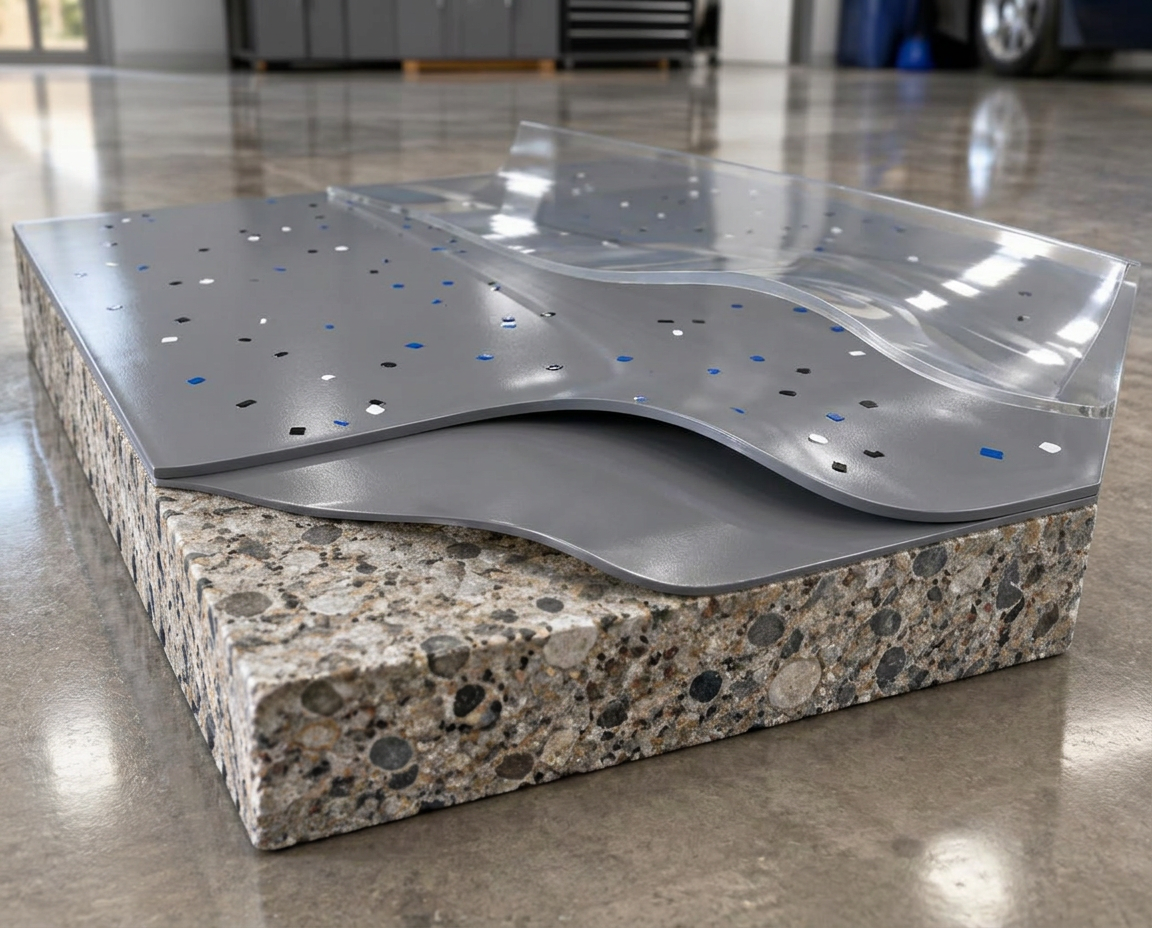 Conceptual concrete cutaway with a gray epoxy coating, sparsely scattered decorative chips and an optional transparent clear finish
