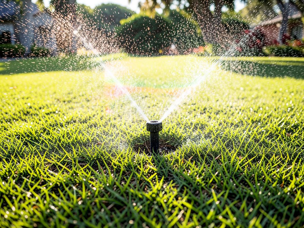 Sprinkler head watering a healthy Central Florida lawn