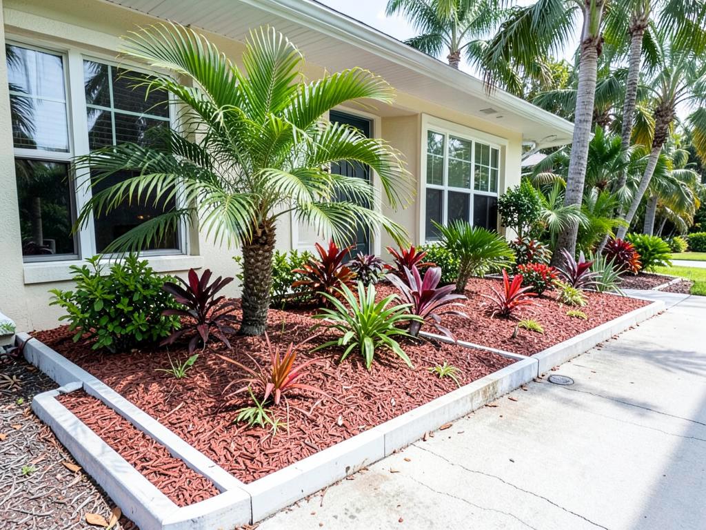 Freshly installed Central Florida landscaping with defined beds and healthy green lawn